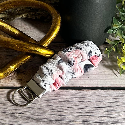 Pink & Grey Floral Bullet Scrunchie Keychain
